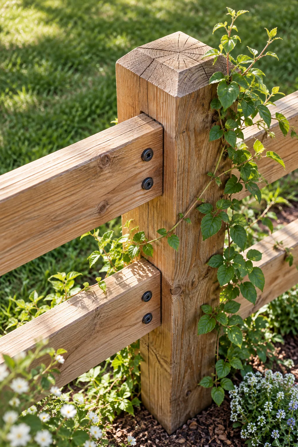 Black structural screws driven into a cedar fence rail and post.