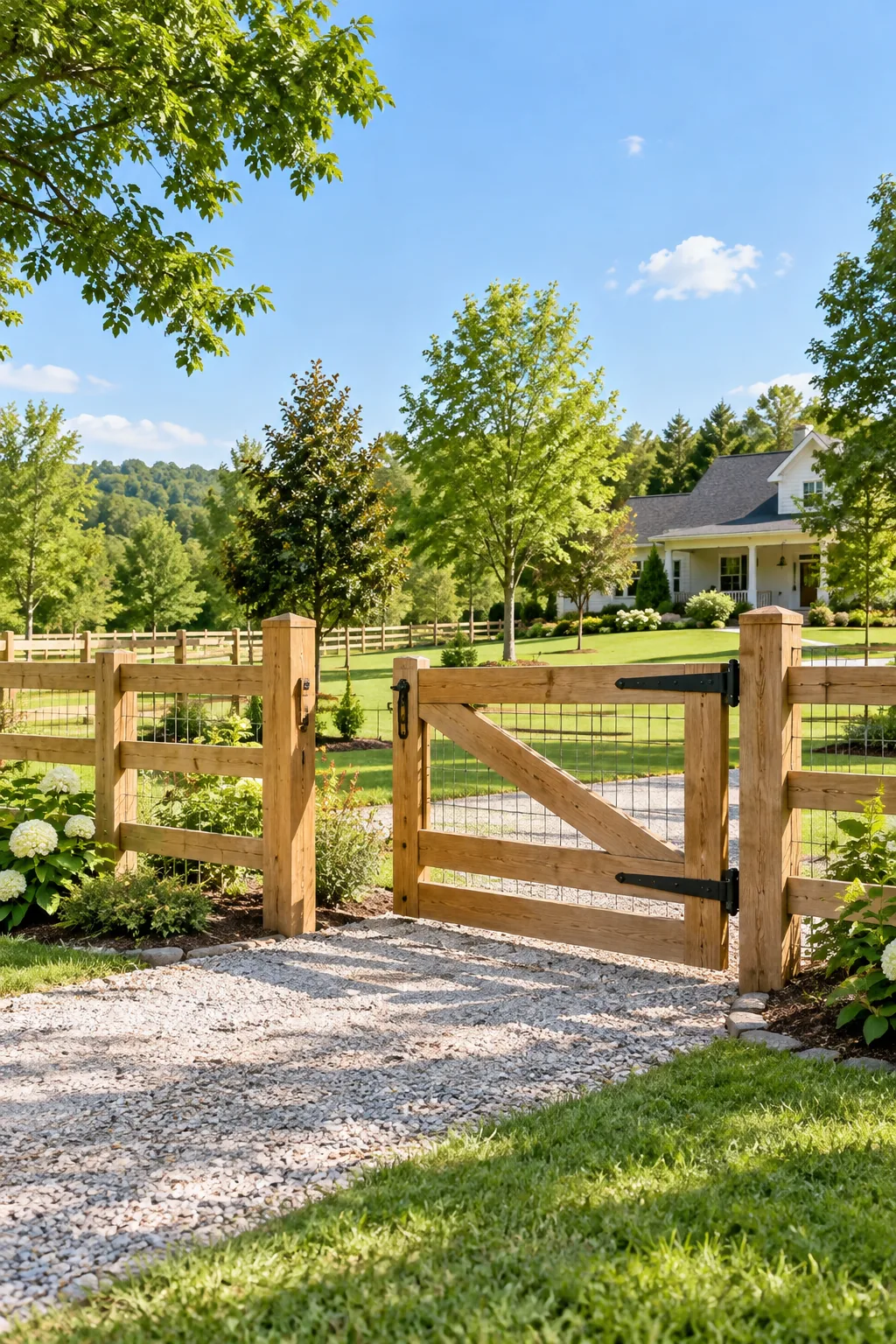A wooden farm fence gate with heavy black hinges and a diagonal cross-brace.