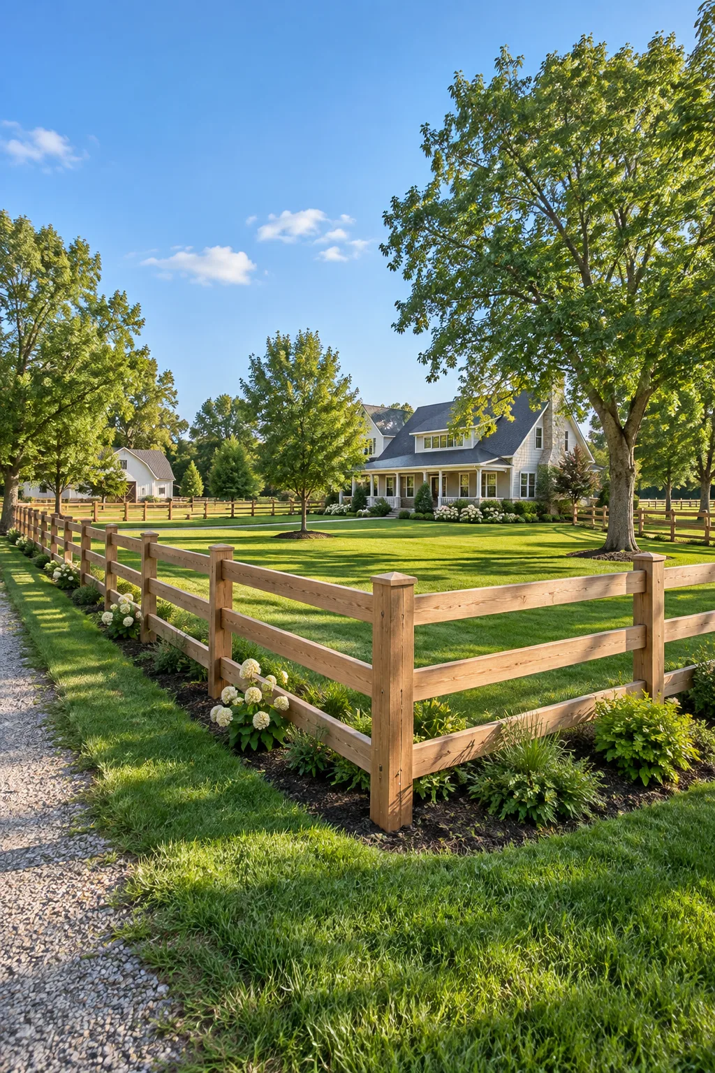 A complete, beautifully proportioned 3-rail wooden farm fence enclosing a yard.