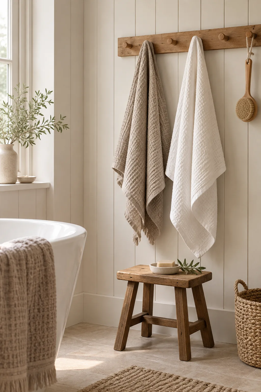 White vertical shiplap half wall with wood peg rail and hanging towels