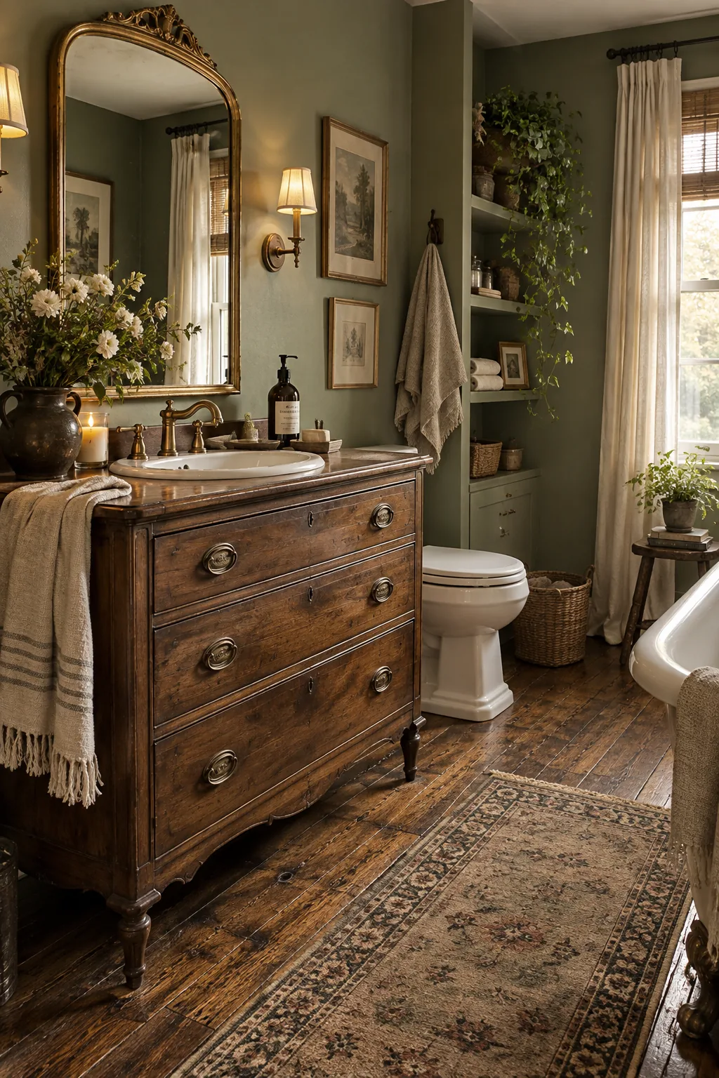 Antique wooden dresser converted into a bathroom vanity with a white sink