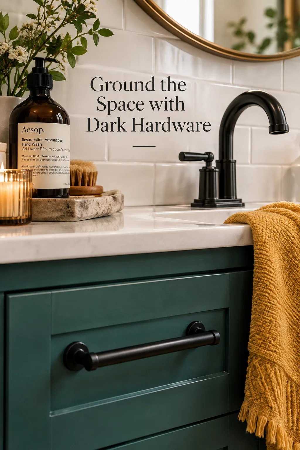 Matte black sink faucet against a white subway tile backsplash