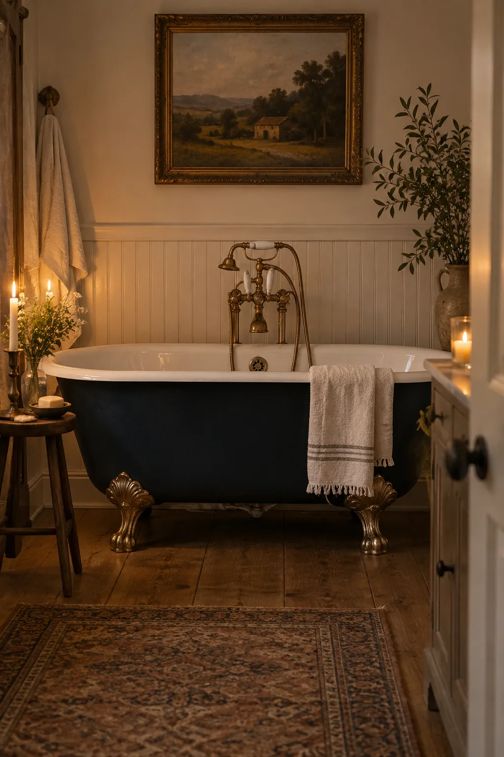 Charcoal gray clawfoot tub with a telephone style faucet