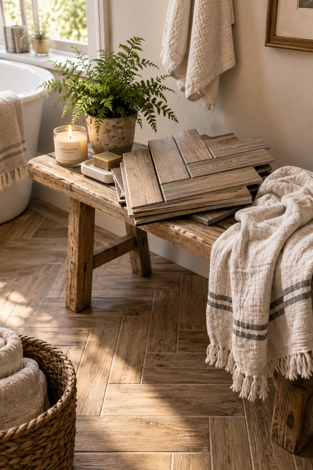 Herringbone pattern wood look porcelain tile floor in a bathroom