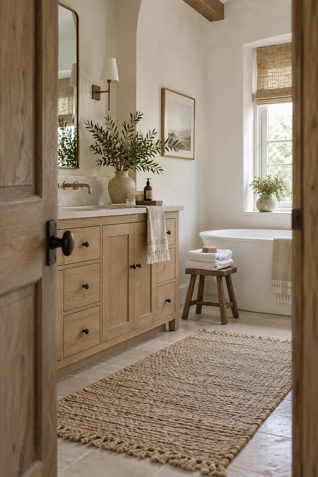 Woven jute rug on a bathroom floor next to a wooden stool