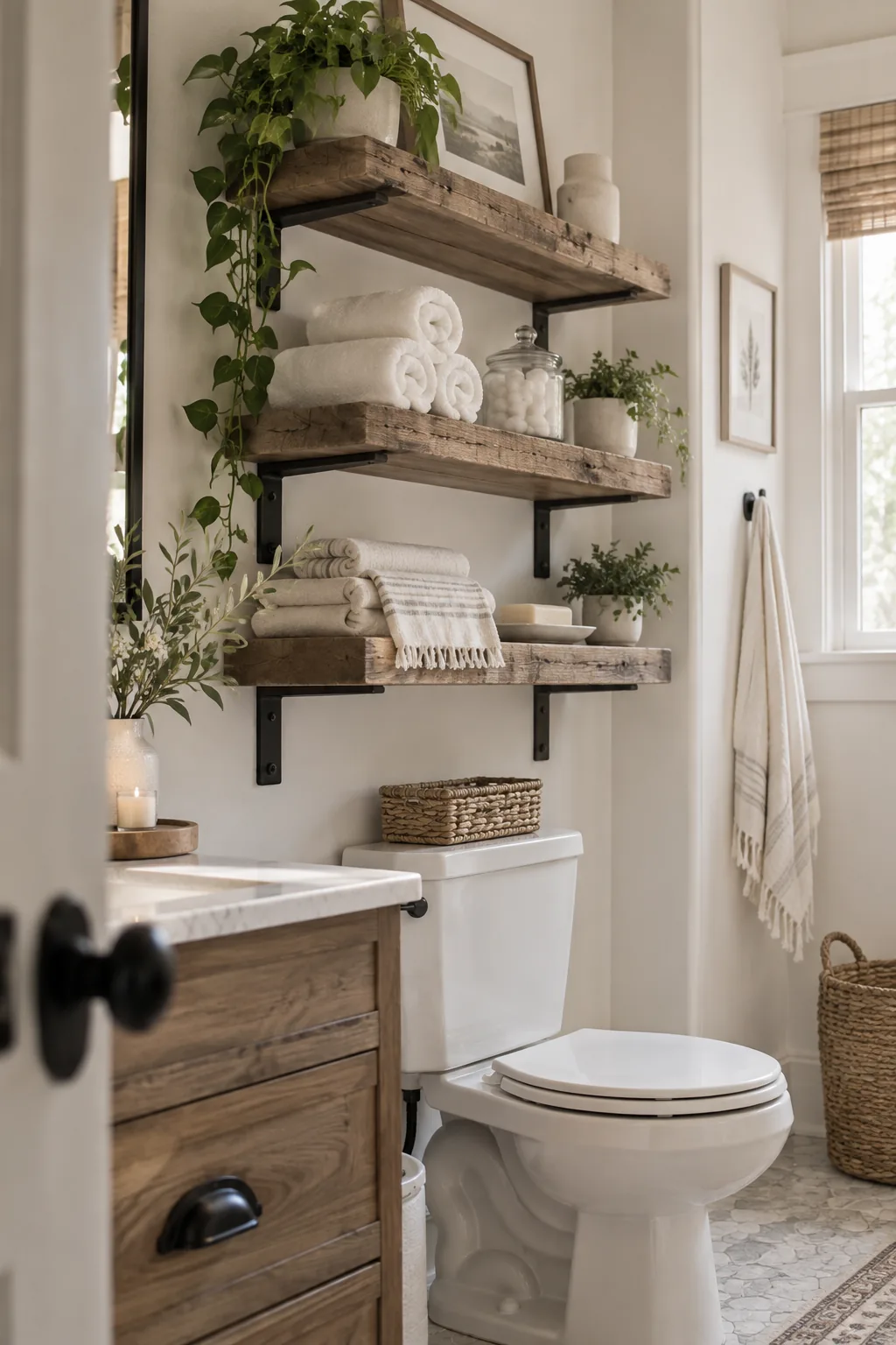 Thick reclaimed wood shelves above a toilet holding jars and plants