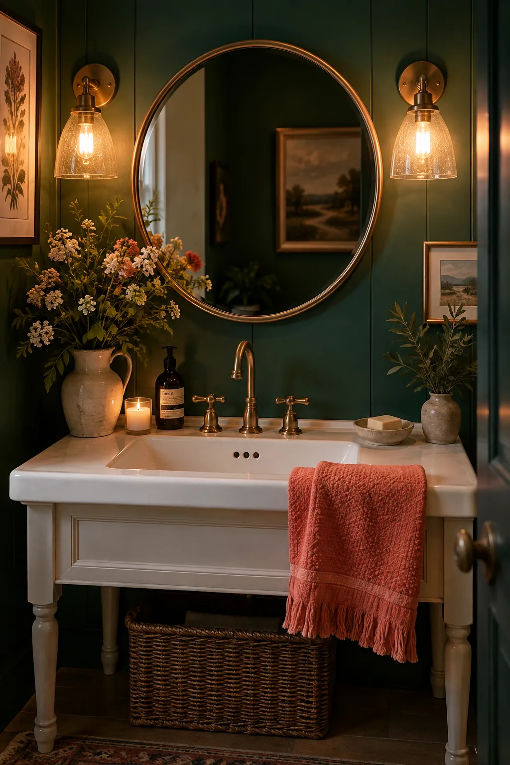 Vintage style brass sconce with seeded glass next to a bathroom mirror