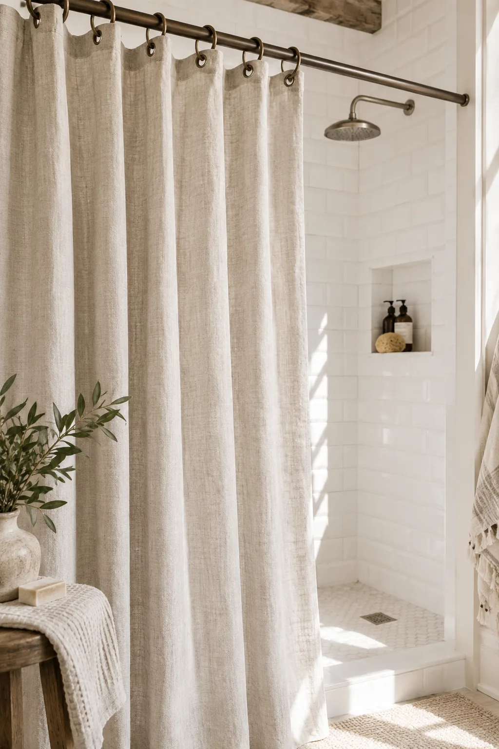 White linen shower curtain hanging from a tension rod with metal rings
