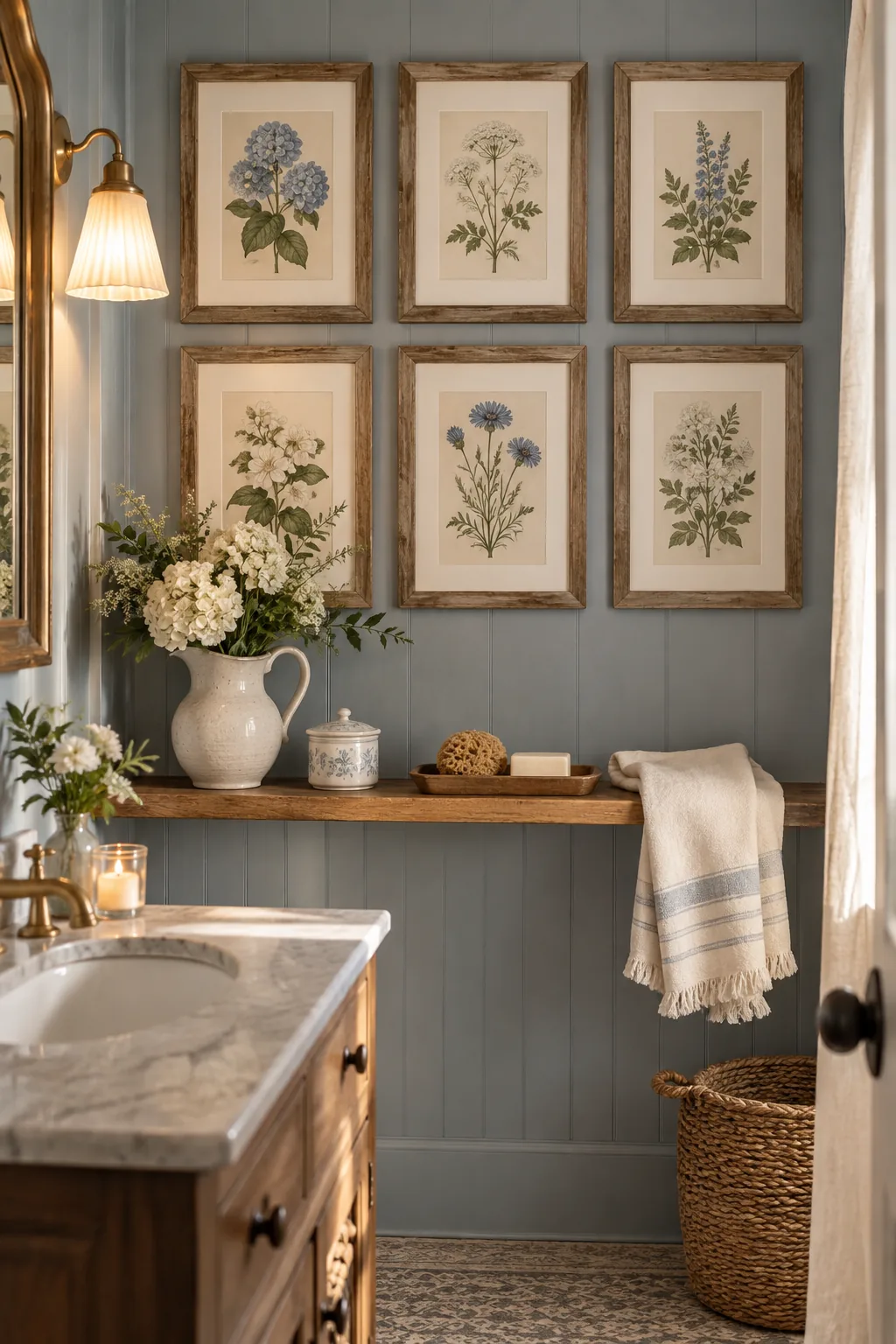 Grid of framed vintage botanical prints on a bathroom wall
