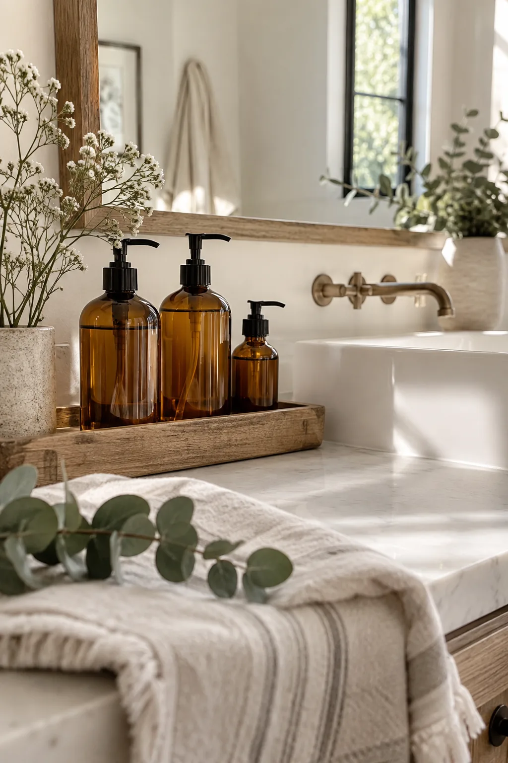 Amber glass pump bottles sitting on a bathroom vanity countertop