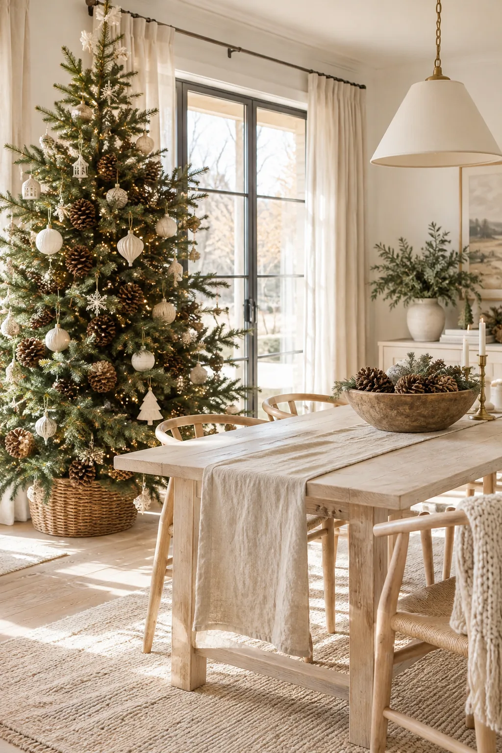 Oversized pinecones wired deep into a Christmas tree