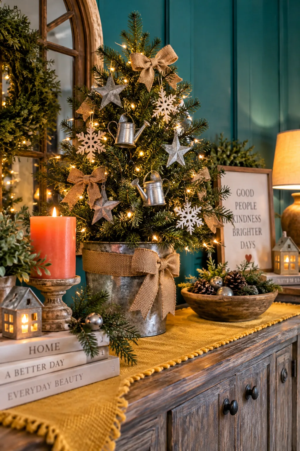Galvanized metal star ornaments on a rustic tree
