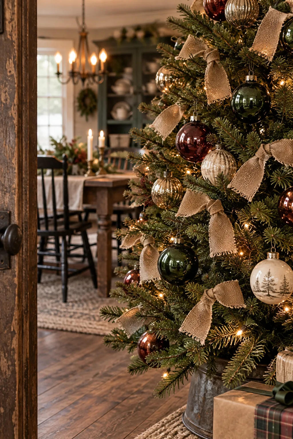 Short strips of burlap ribbon tucked into a Christmas tree