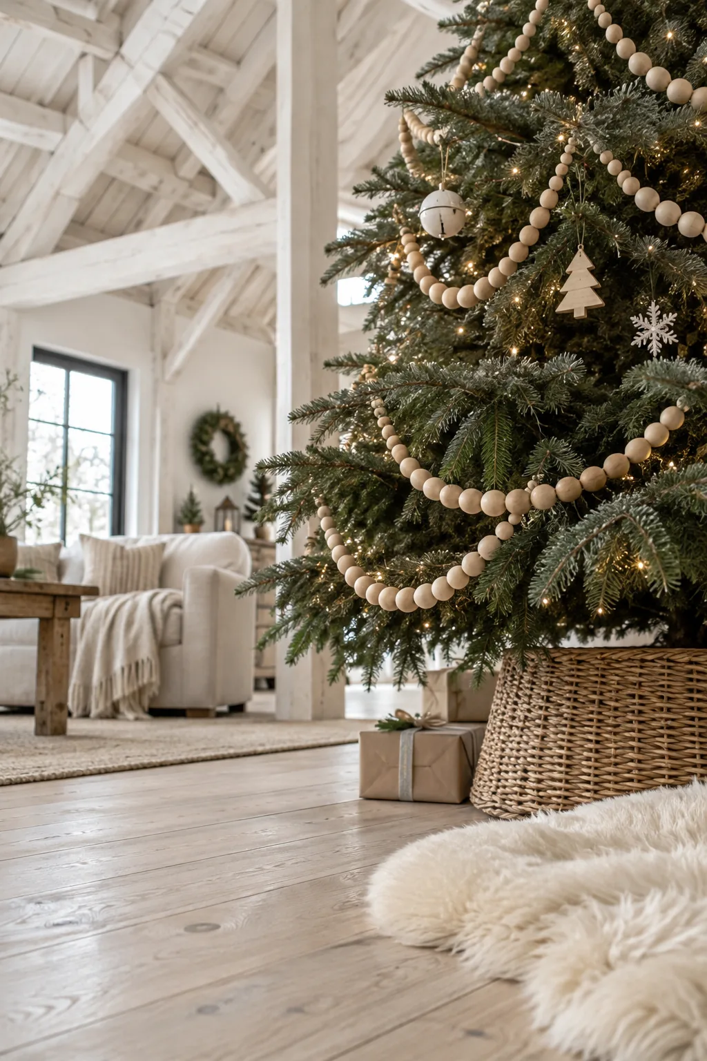 Raw wooden bead garland draped on a Christmas tree