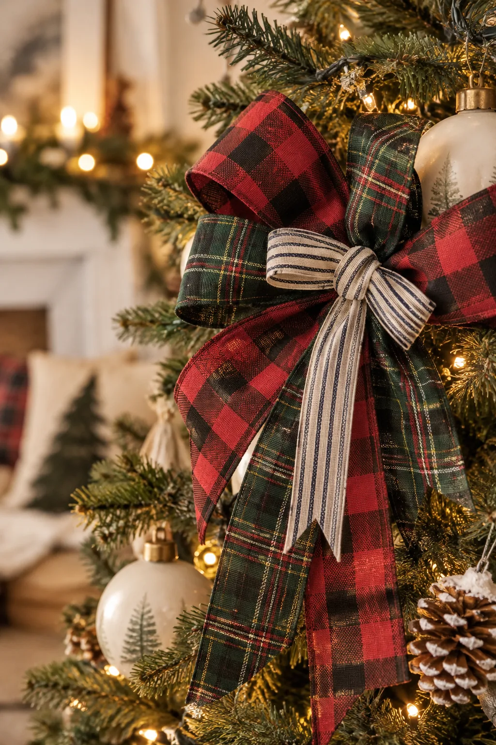 Three different plaid ribbons on a farmhouse tree