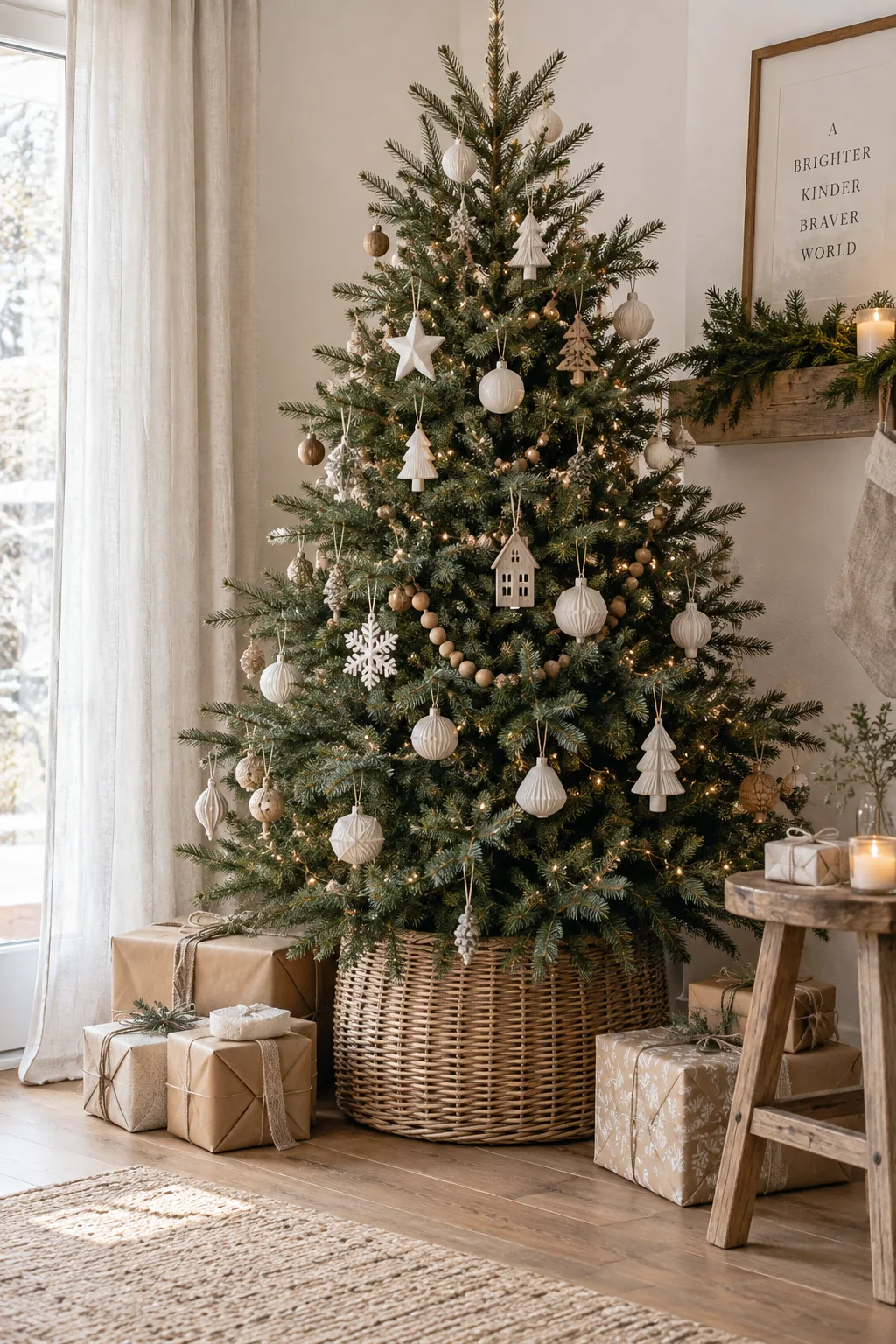 A woven rattan collar at the base of a Christmas tree