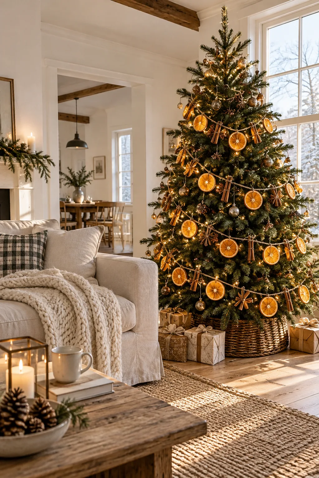 A dried orange slice garland on a Christmas tree