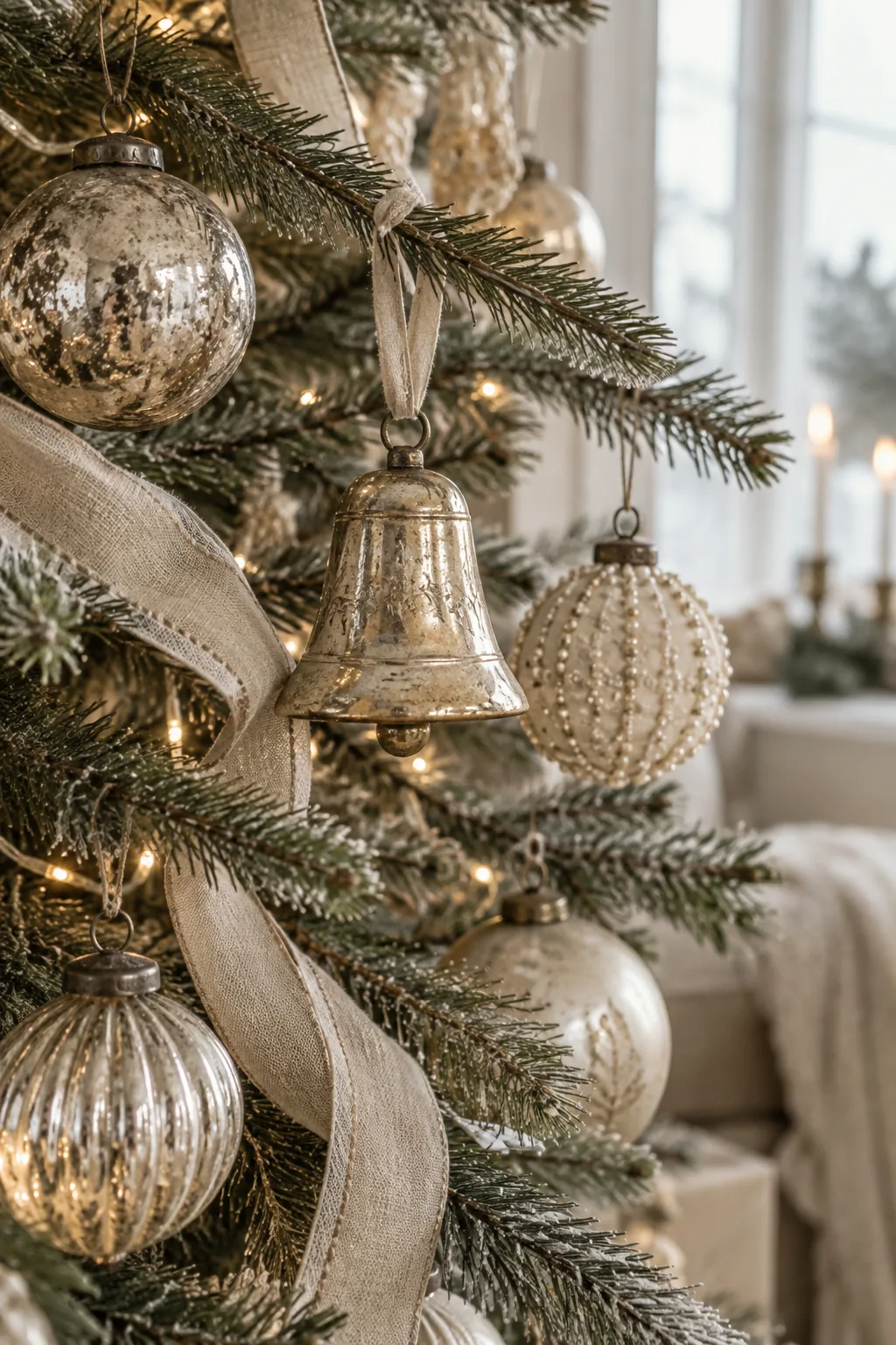 Vintage mercury glass and ceramic bell ornaments