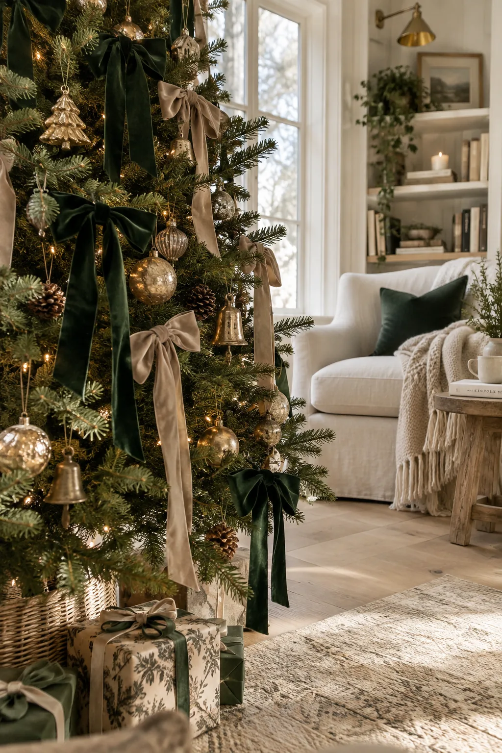 Ornaments tied to tree branches with torn velvet ribbon