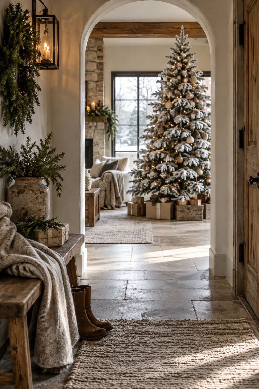 A heavily flocked Christmas tree with faux snow