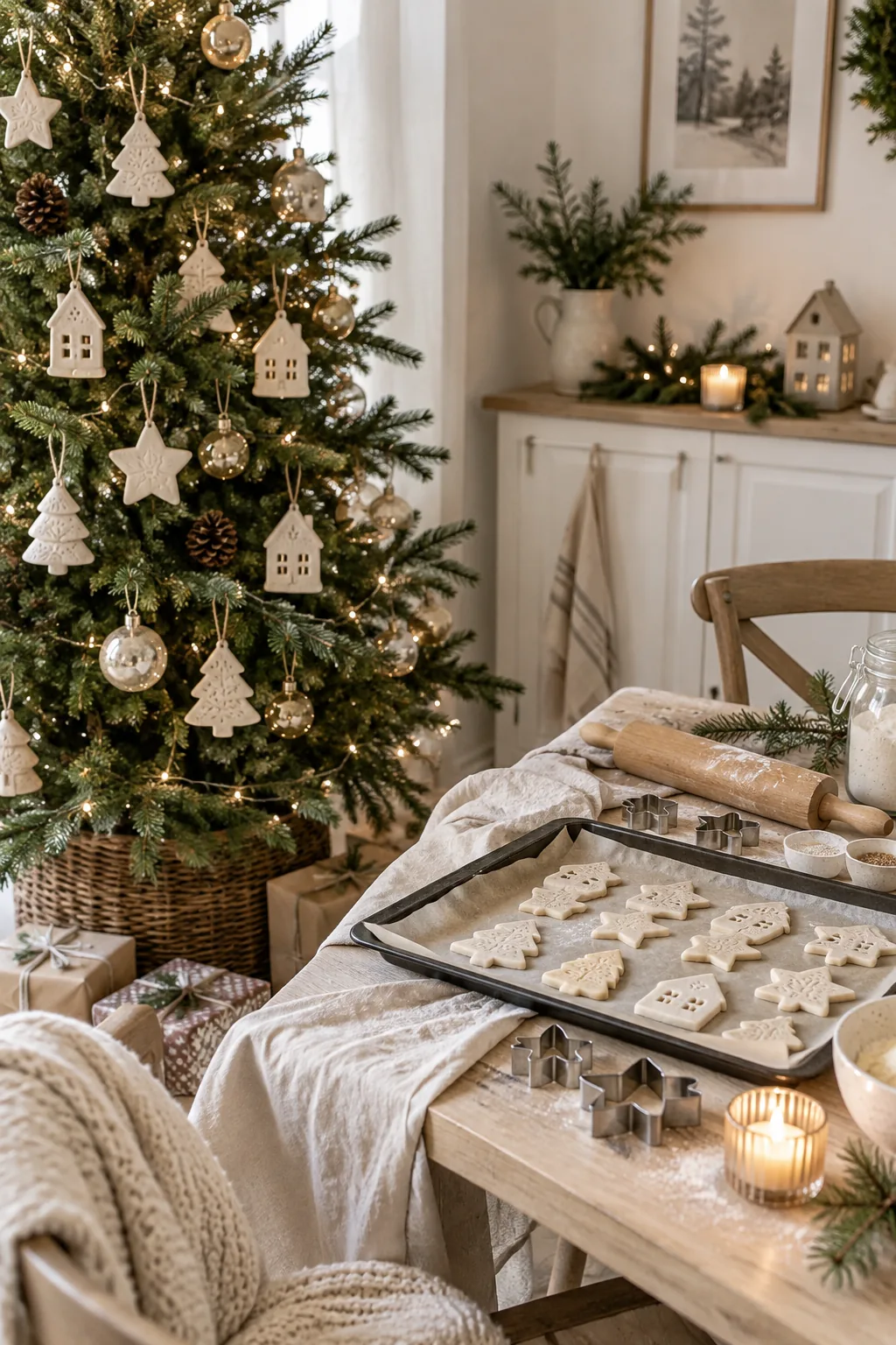 Matte white salt dough ornaments on a tree