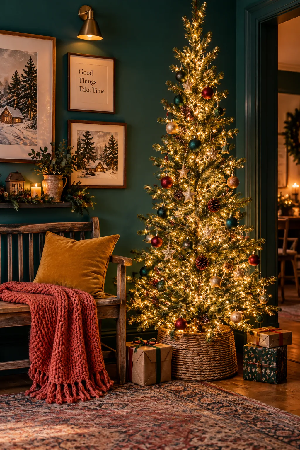 A Christmas tree wrapped tightly with micro-LED fairy lights