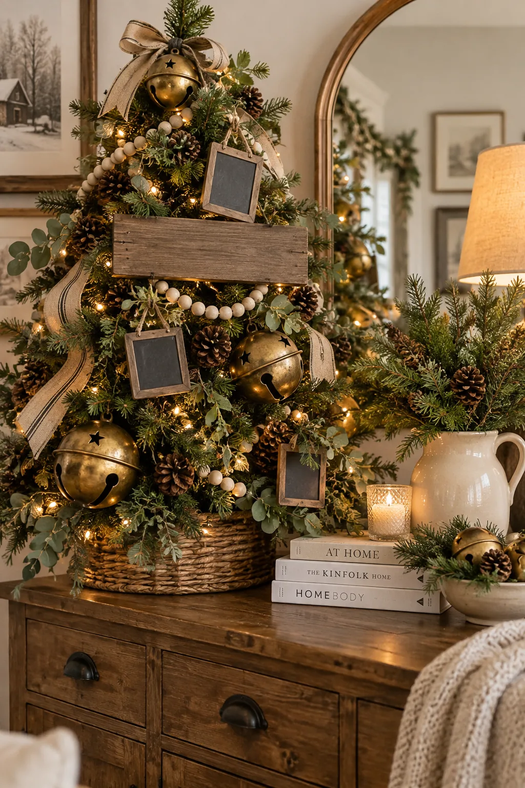 Oversized jingle bells and wooden signs on a tree