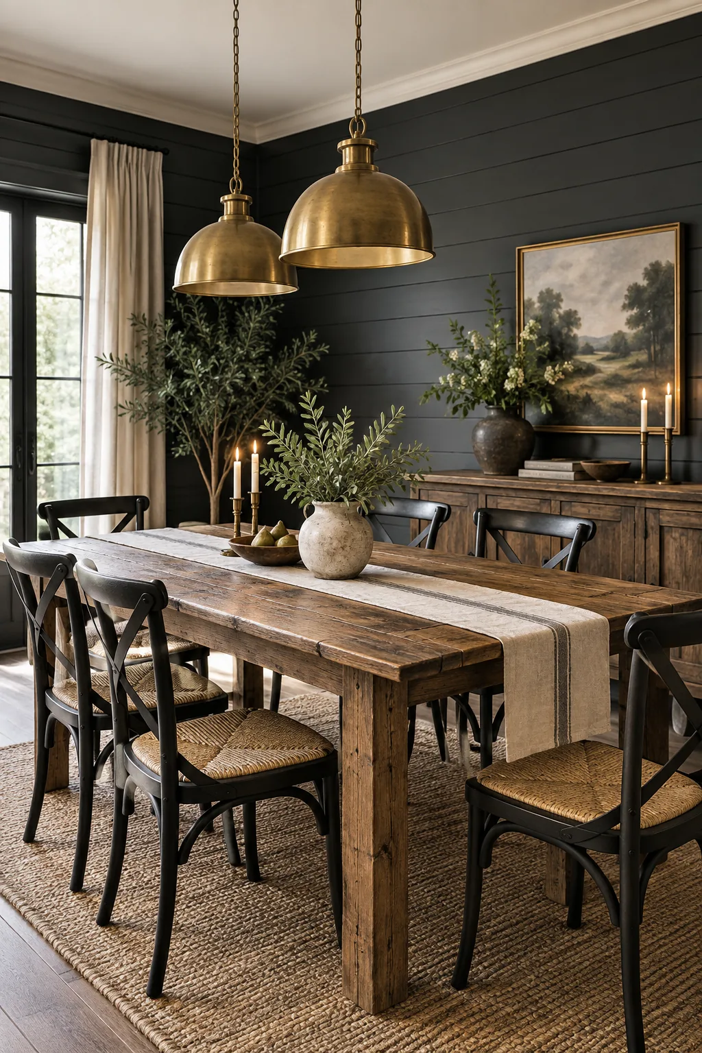 Dining room with dark charcoal shiplap walls, a wooden table, and brass pendant lights.