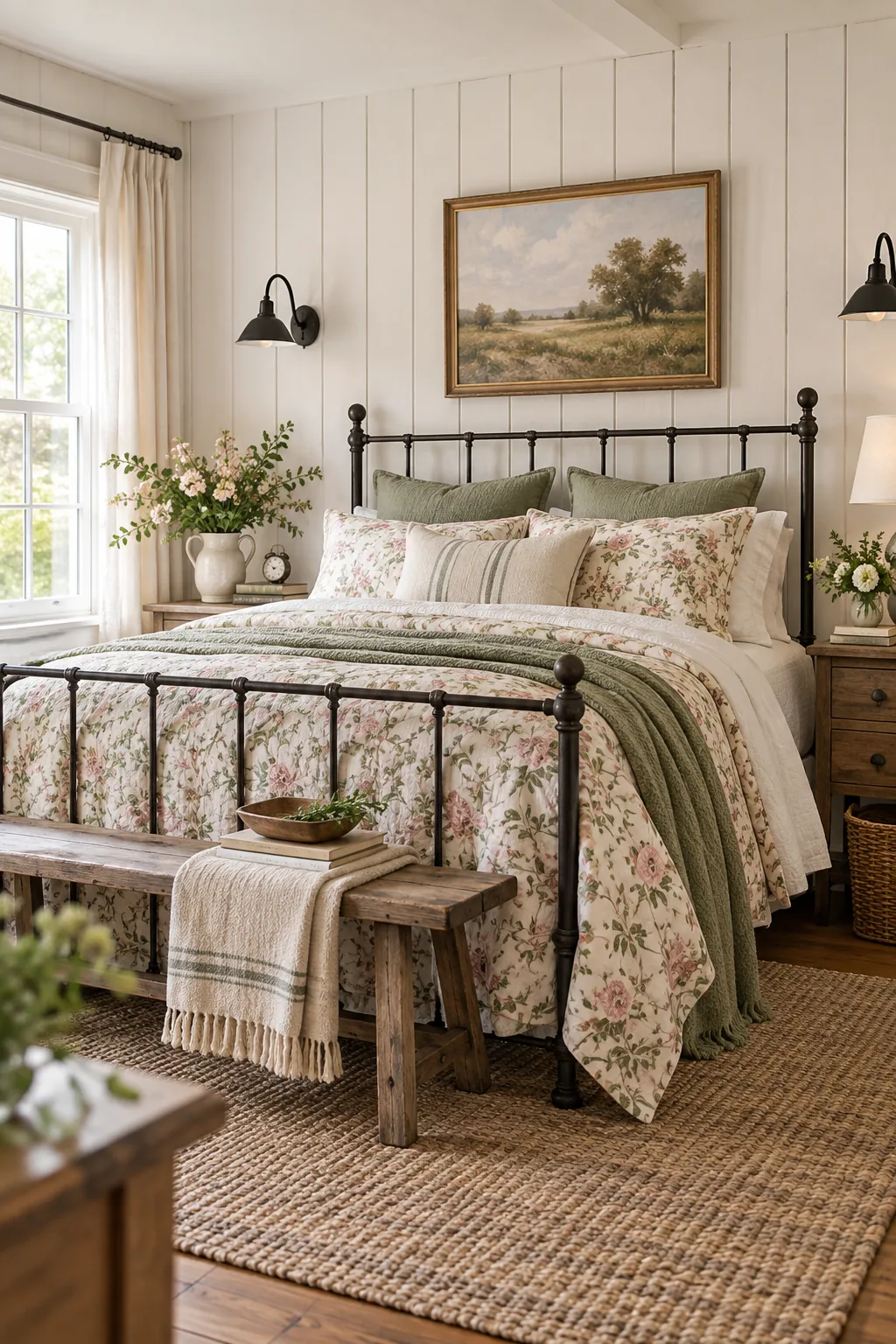Bedroom with whitewashed wood walls, an iron bed, and floral bedding.