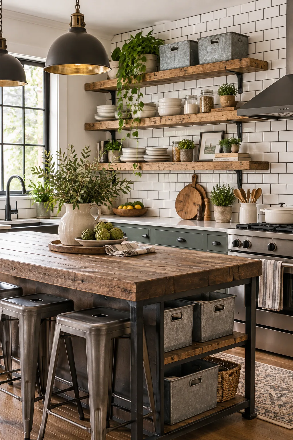 Kitchen with white subway tile, rough oak open shelves, and galvanized metal bins.