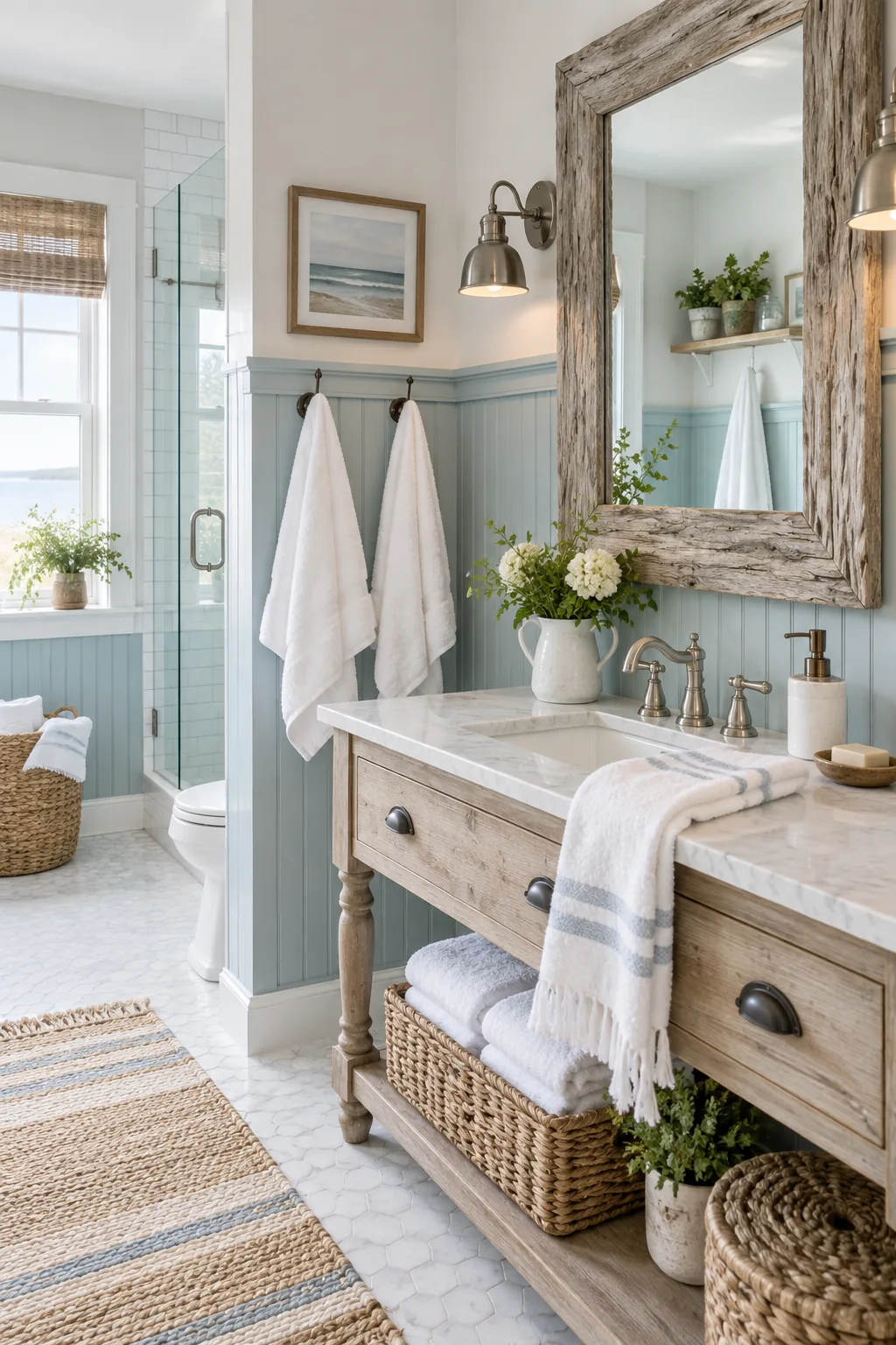 Bathroom with light blue beadboard wainscoting and a driftwood mirror.