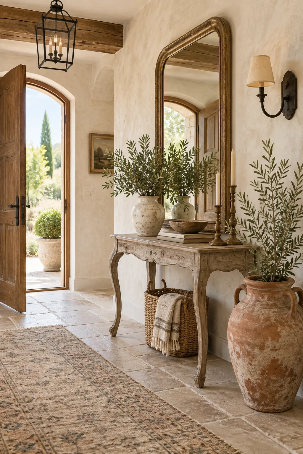 Entryway with textured limewash walls, an antique console table, and a terracotta jar.