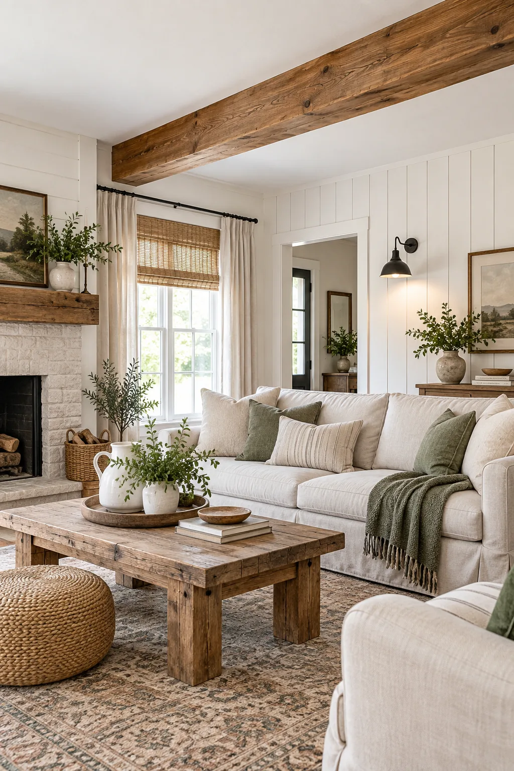 Close-up of a rustic wooden faux beam installed against a white ceiling and wall.
