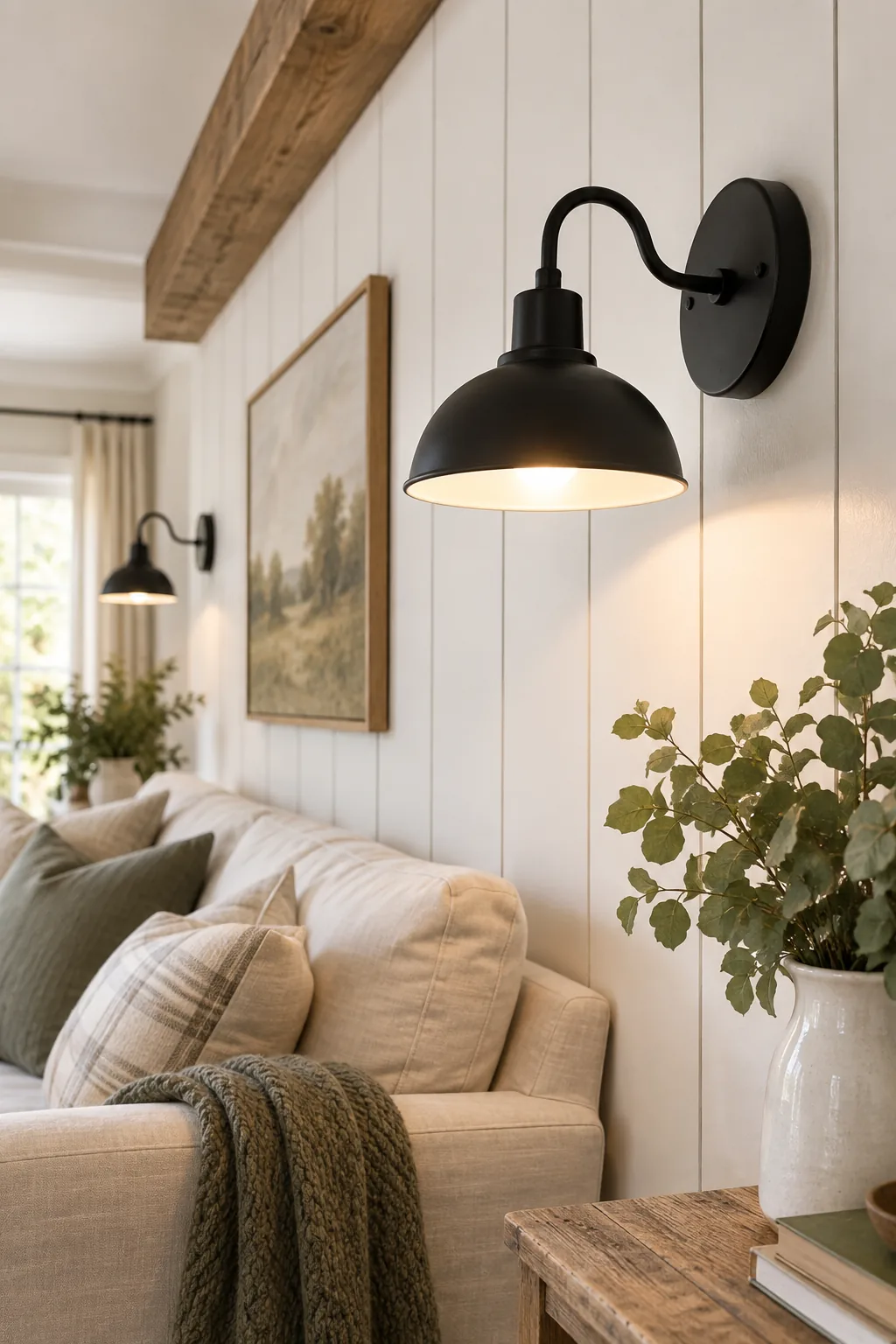Angled view of a white painted wall with horizontal wooden planks separated by small, even gaps.