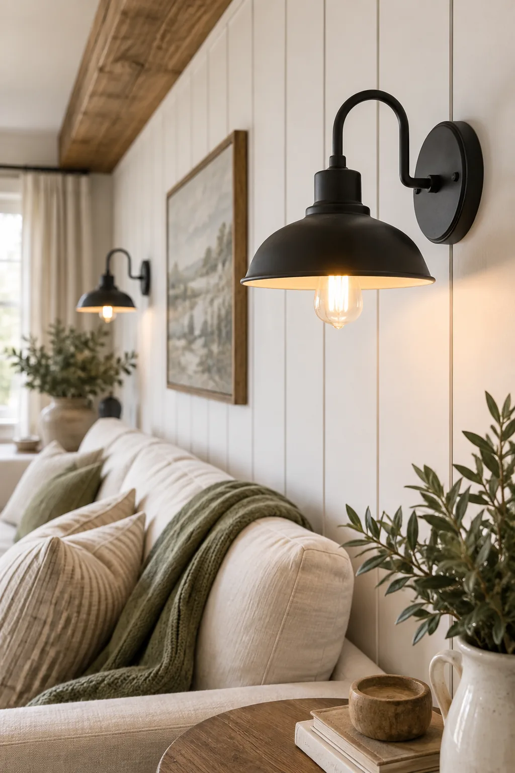 A matte black dome wall sconce illuminated against a white paneled wall.