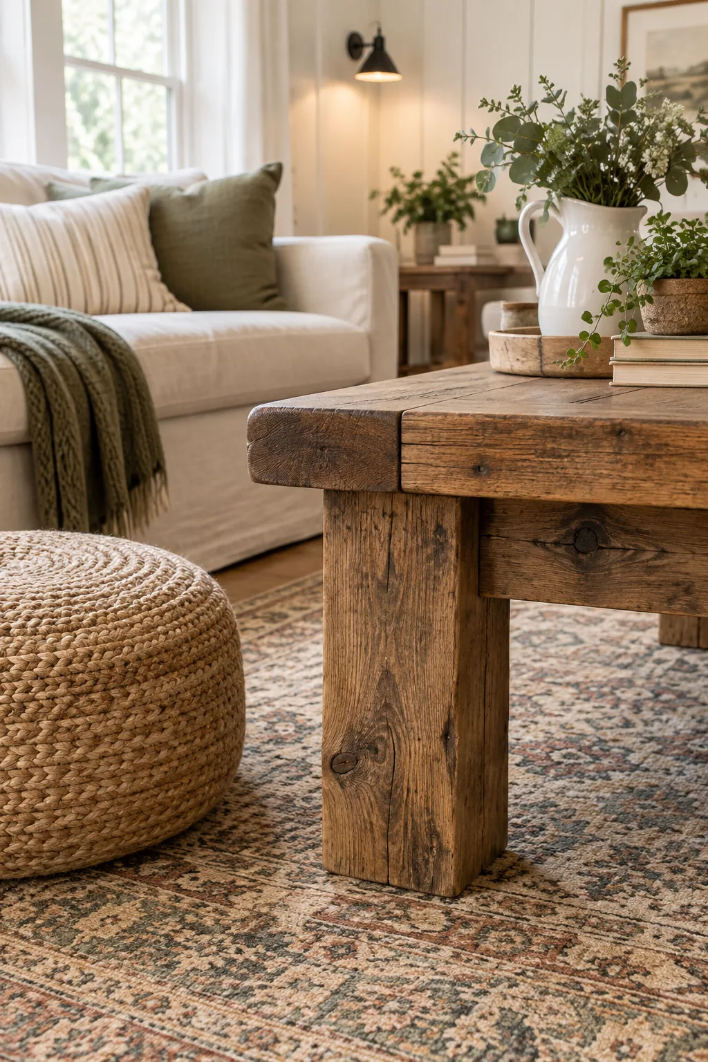 A rustic wooden coffee table leg and a woven jute pouf sitting on a patterned area rug.