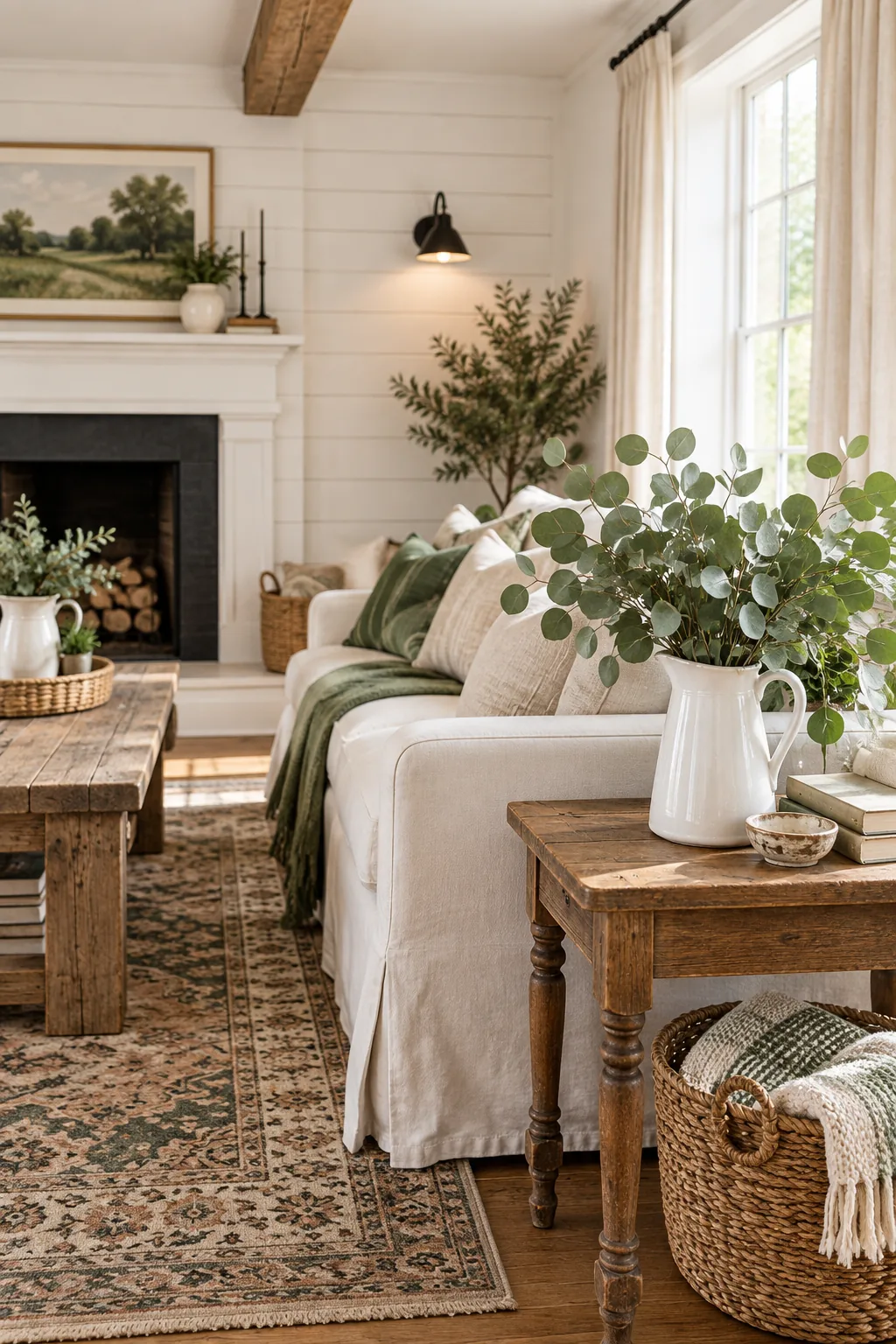Fresh green eucalyptus branches styled in a white pitcher on a wooden side table next to a sofa.