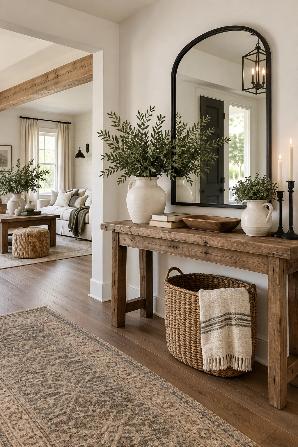 A rustic wooden entryway console table styled with a black mirror and white ceramics.