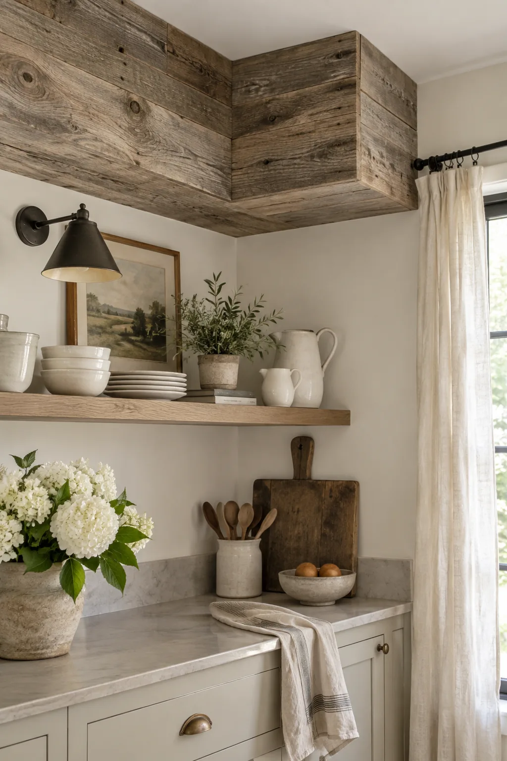 Kitchen ceiling featuring heavy reclaimed wood beams over a white island
