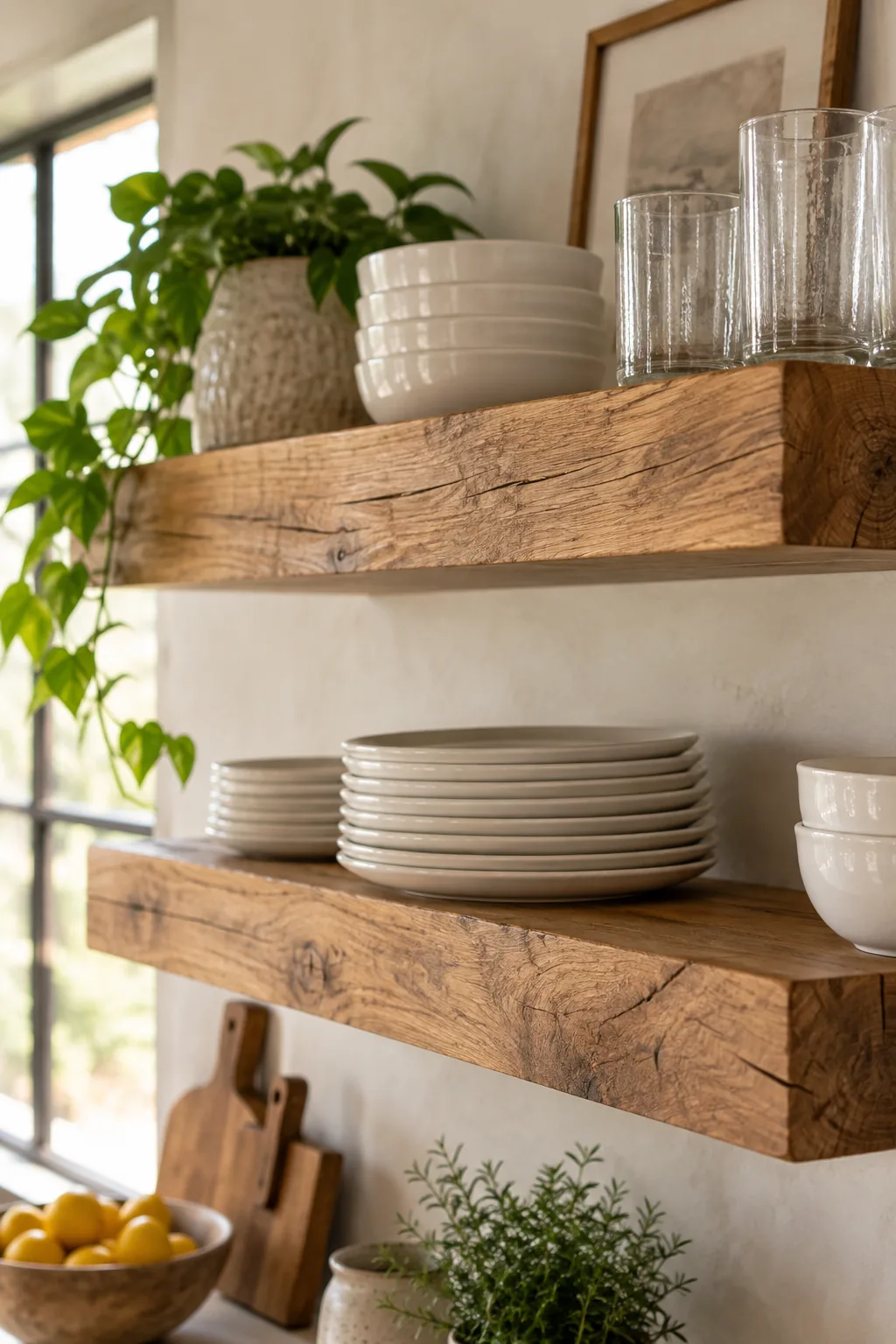 Thick wooden floating shelves styled with white plates and clear glasses