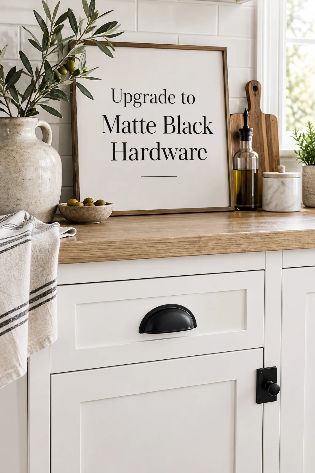 Crisp white shaker kitchen cabinets fitted with matte black cup pulls