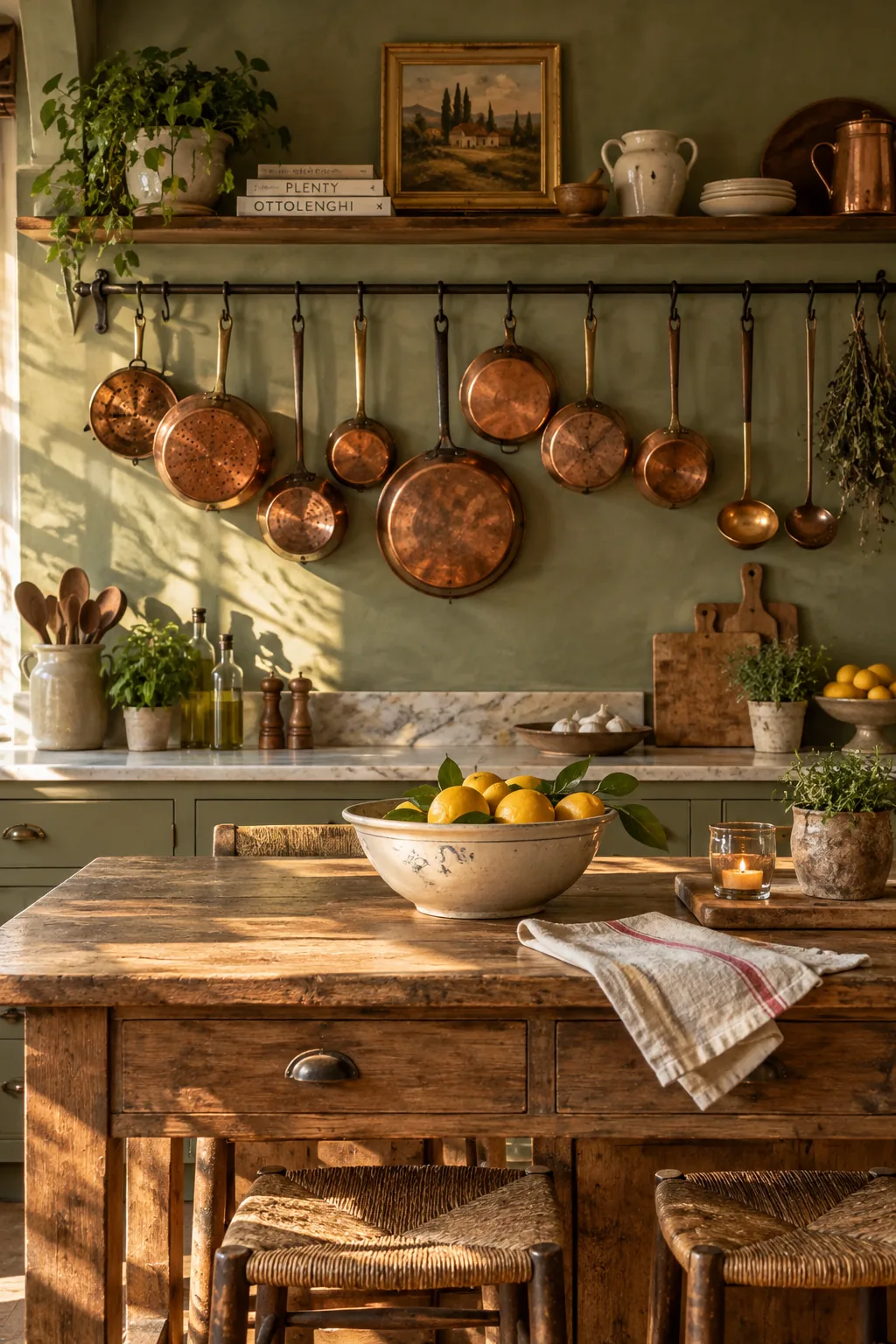 Row of aged copper pots hanging from a black metal rack above a kitchen island