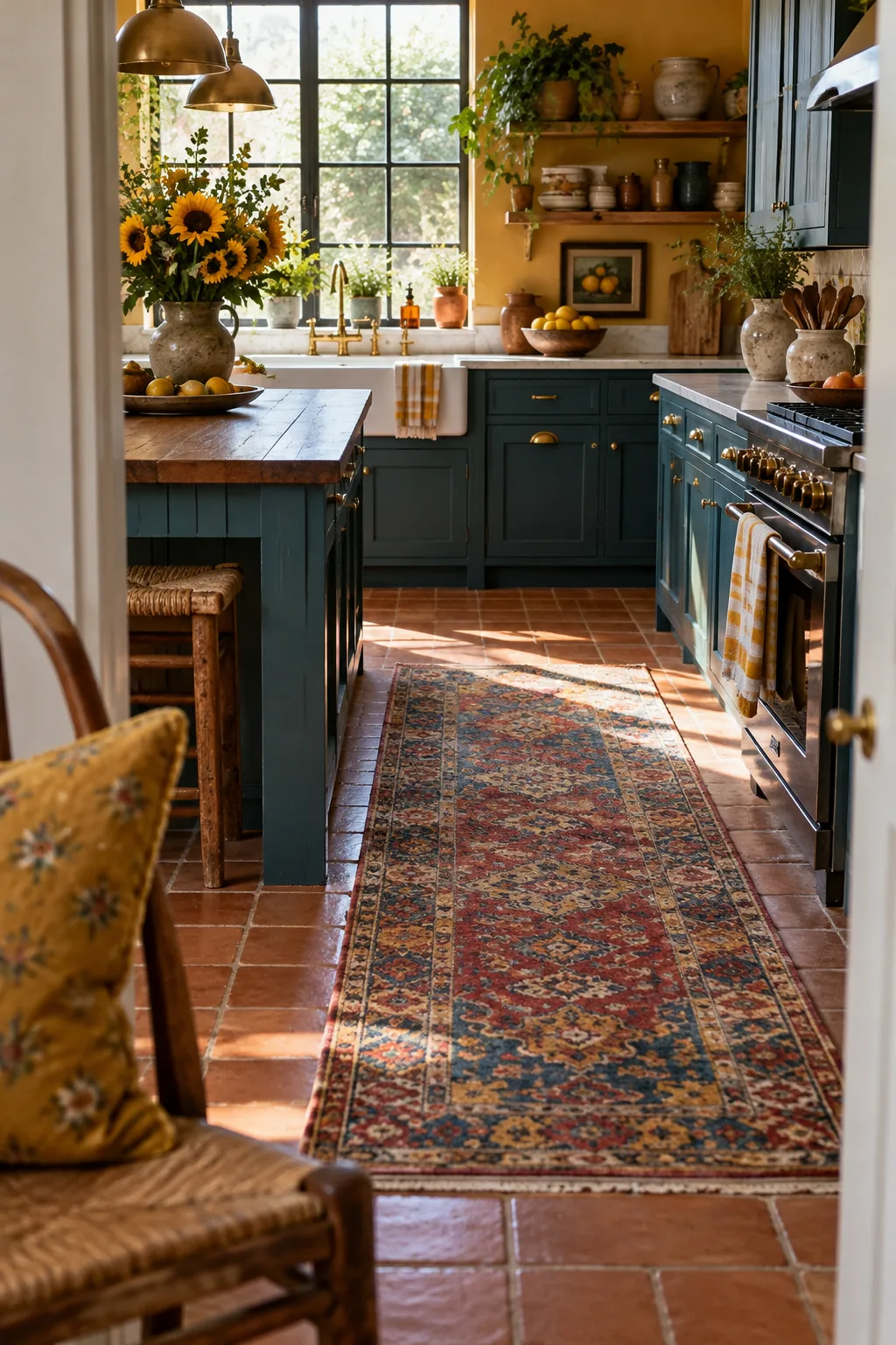 Faded vintage patterned runner rug placed on a hardwood kitchen floor