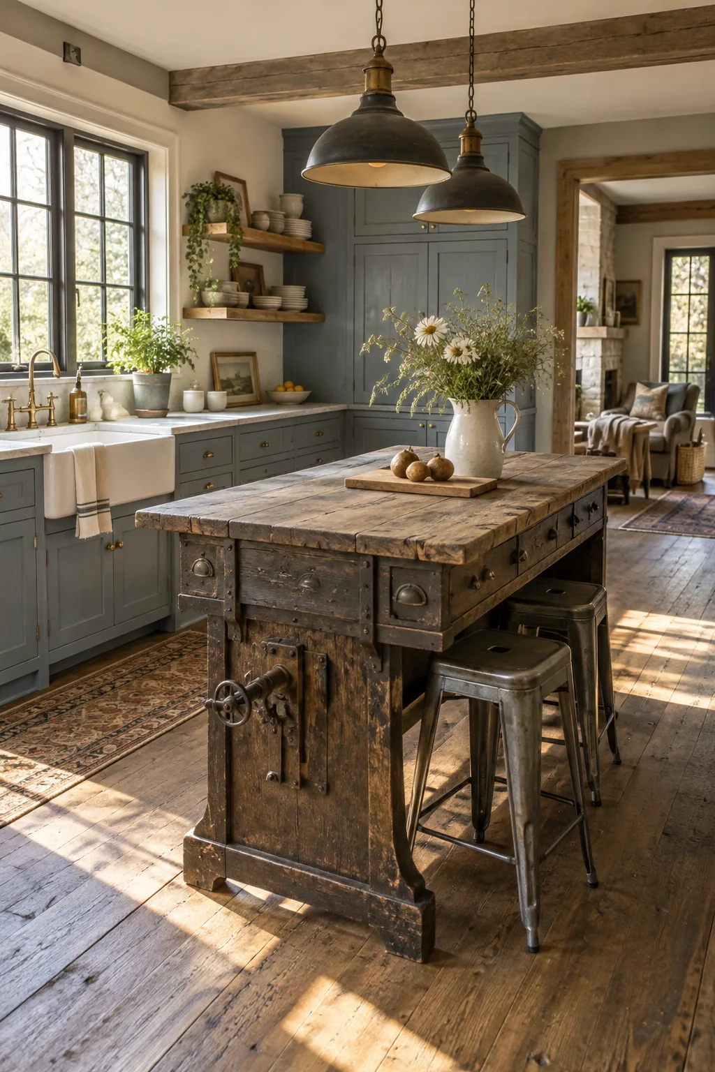 Distressed antique wooden table repurposed as a kitchen island with metal stools