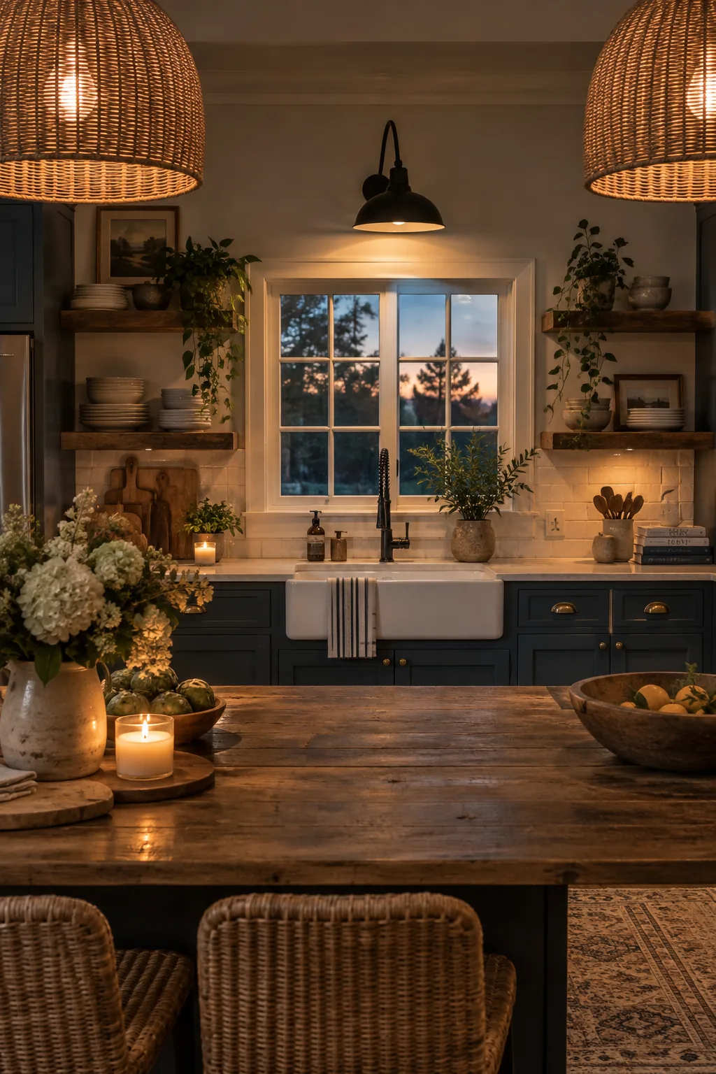 Black industrial gooseneck sconce mounted above a farmhouse kitchen sink