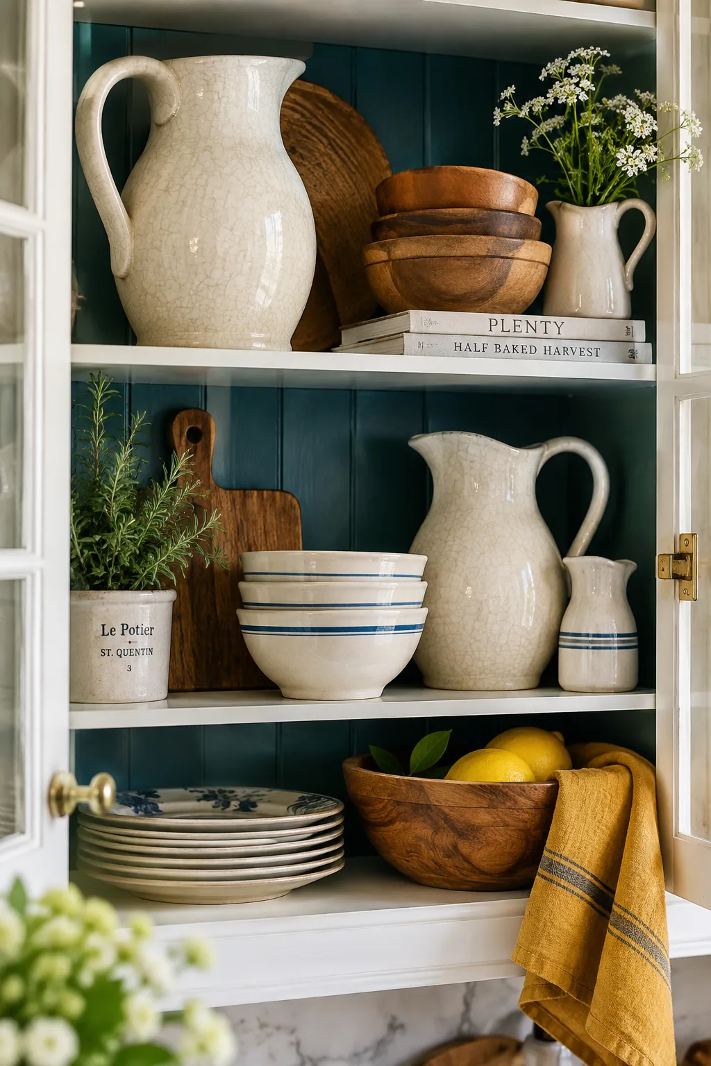 Glass-front kitchen cabinets with sage green painted interiors showcasing white pitchers