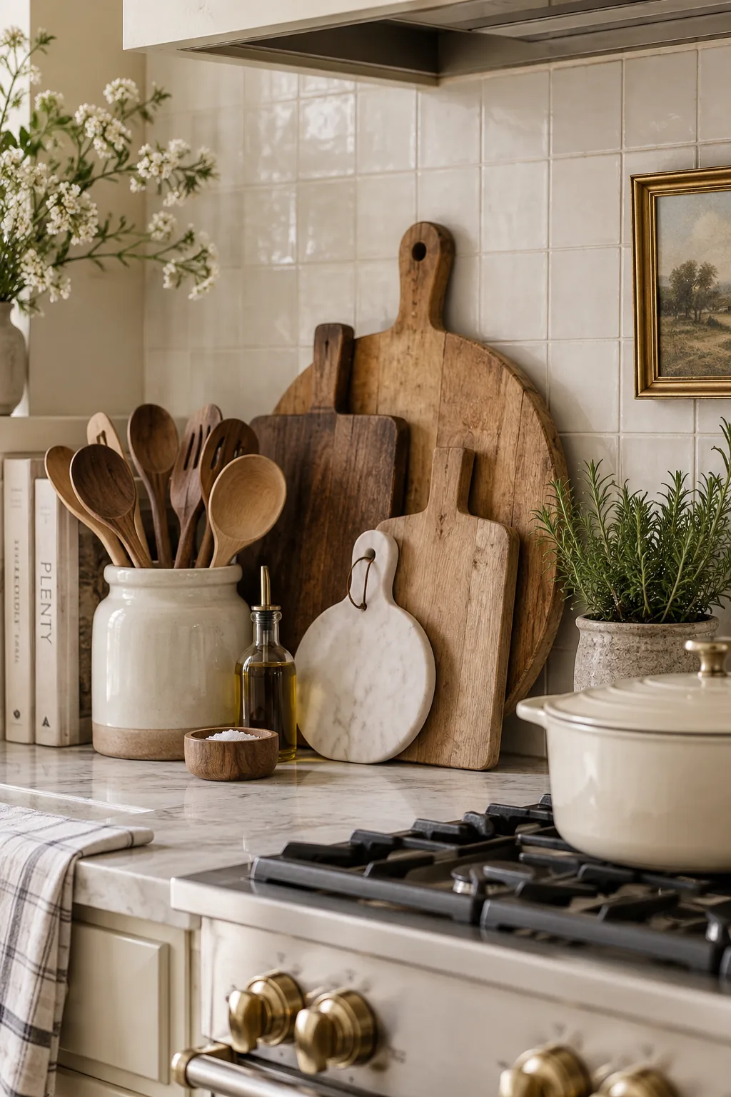 Various wooden cutting boards layered against a white subway tile backsplash