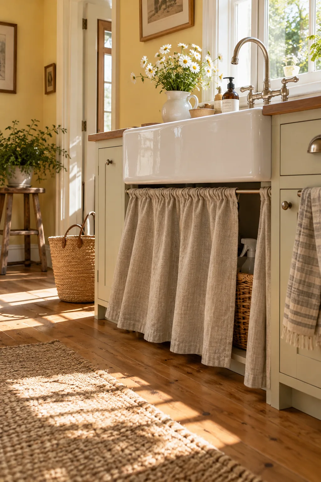 Pleated linen fabric skirt hanging below a farmhouse sink