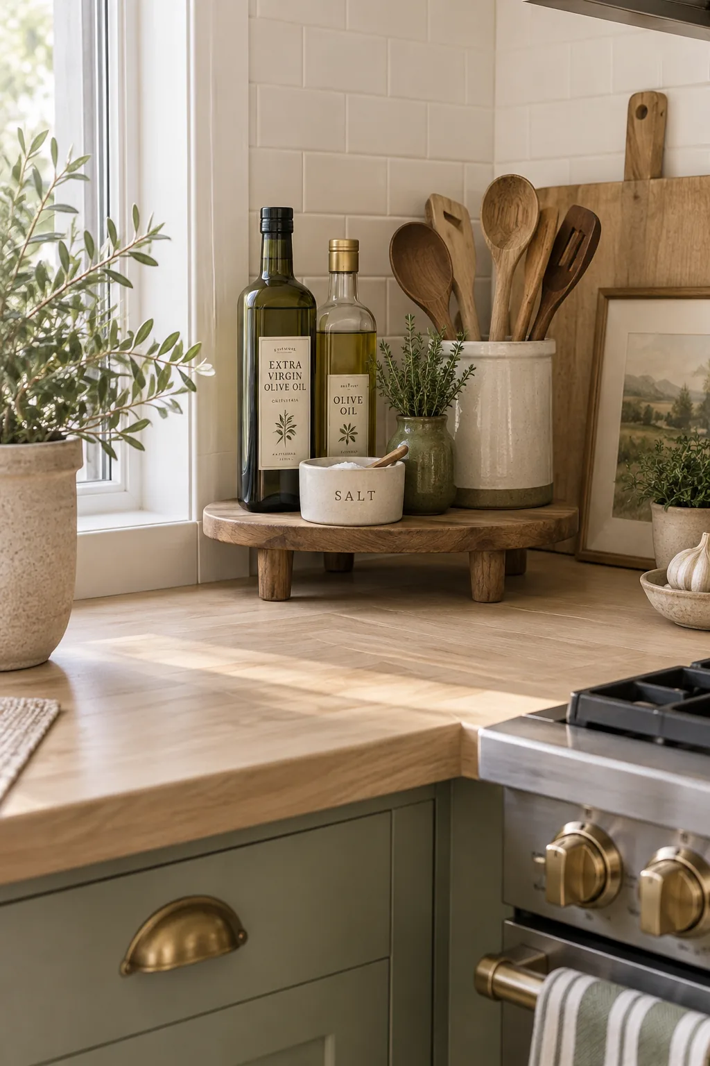 Olive oil and salt cellars grouped on a small wooden footed riser