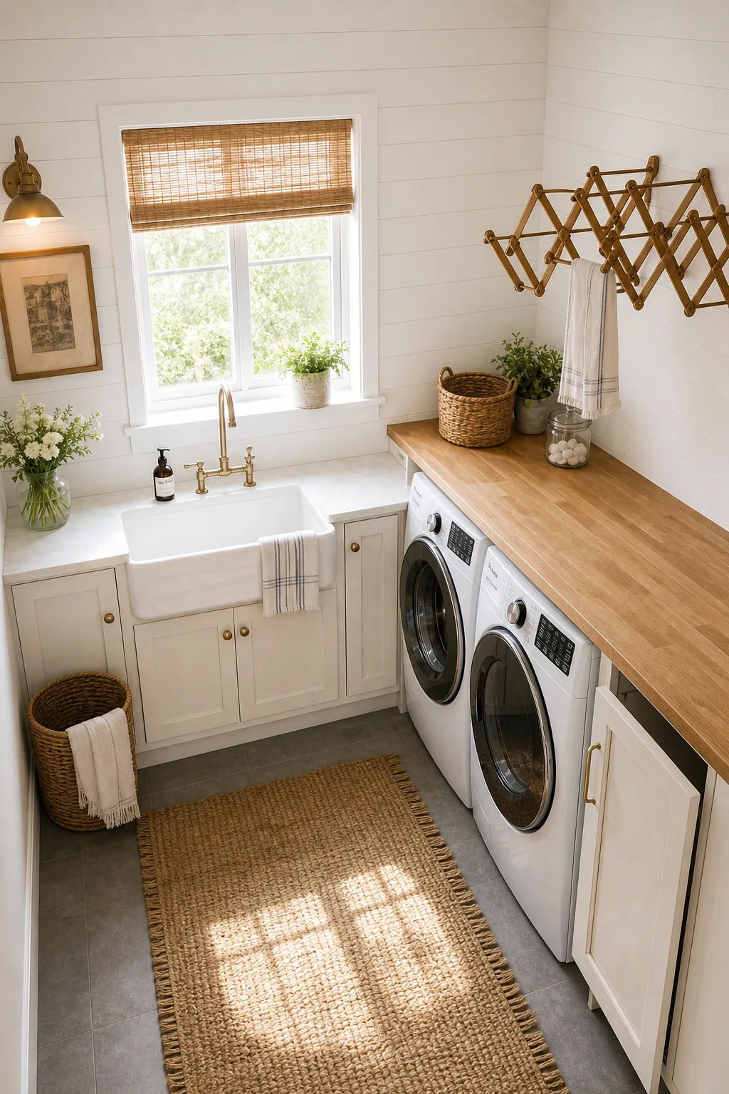 Elevated view of a laundry room layout showing the continuous counter over appliances.